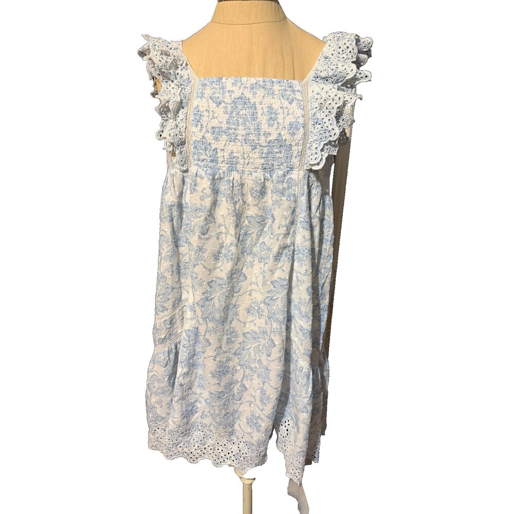 Rachel Ashwell Romantic Cottagecore Coquette Blue Toile Cotton Eyelet Minidress